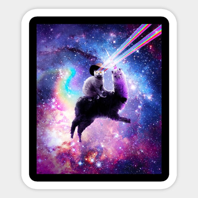 Laser Eyes Outer Space Cat Riding On Llama Unicorn Sticker by Random Galaxy